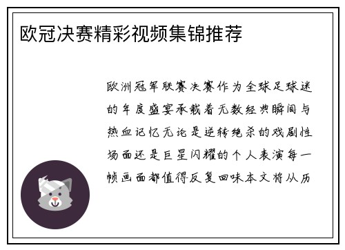 欧冠决赛精彩视频集锦推荐